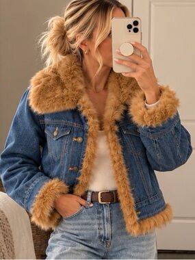 Adrienne Landau Denim Real Fur Trim Jacket S Y2K Western Ranch
